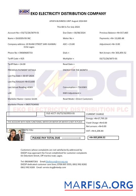 Blank Nigeria Eko Electricity Distribution Company (EKEDC) business utility bill template in Word and PDF formats